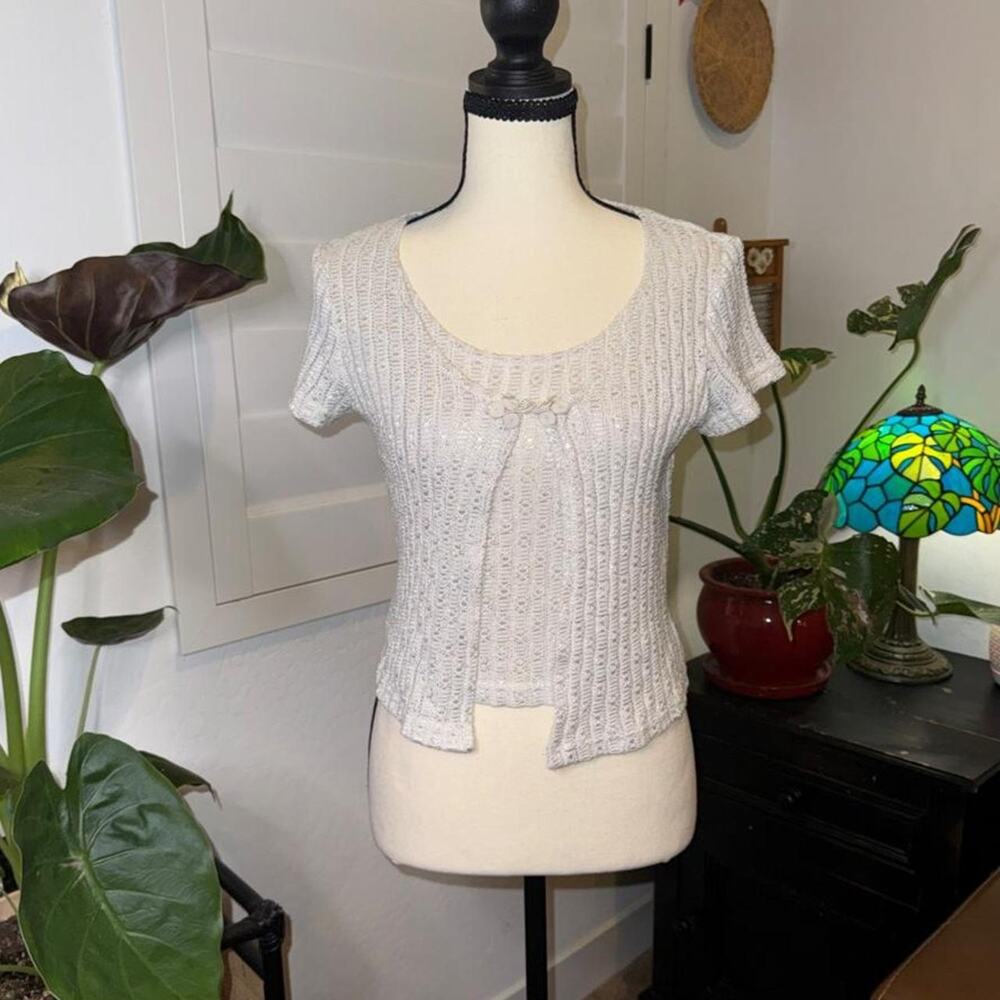 Vintage Y2K Wrapper Babydoll White Silver Metallic Open Knit Top Built-In Tank S